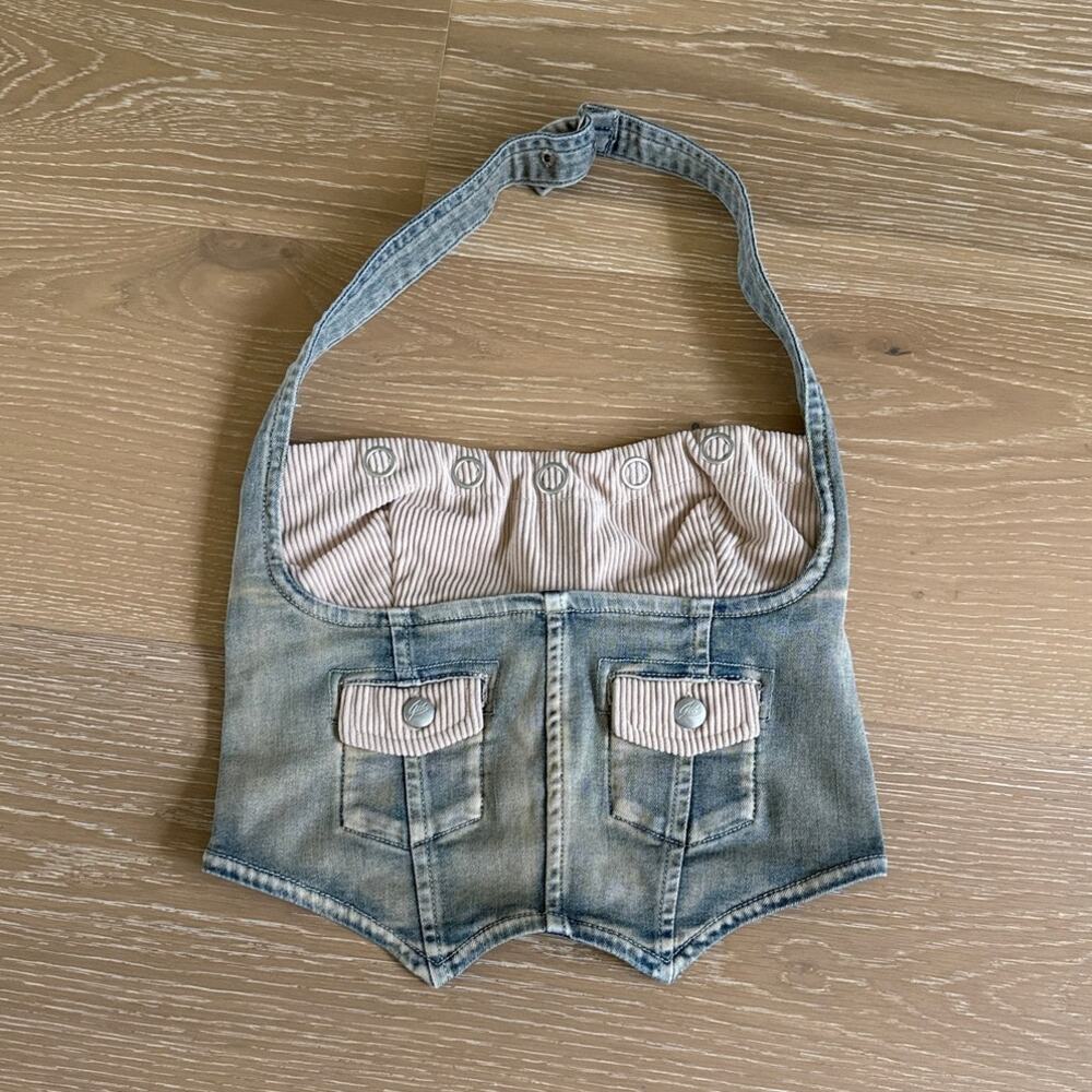I.AM.GIA Halter Top Denim Corset Tommie Size S Blue Tan